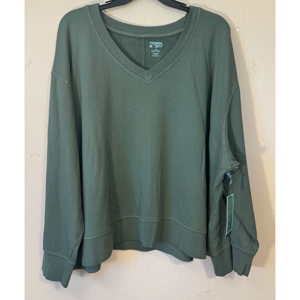 Terra & Sky Sweatshirt Women 4X Green V Neck Casual Long Sleeve Top Boho NEW